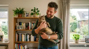 Albert mit Bart und grünem Pullover hält eine getigerte Katze liebevoll im Arm, im Hintergrund ein helles Wohnzimmer mit Bücherregal und Pflanzen.